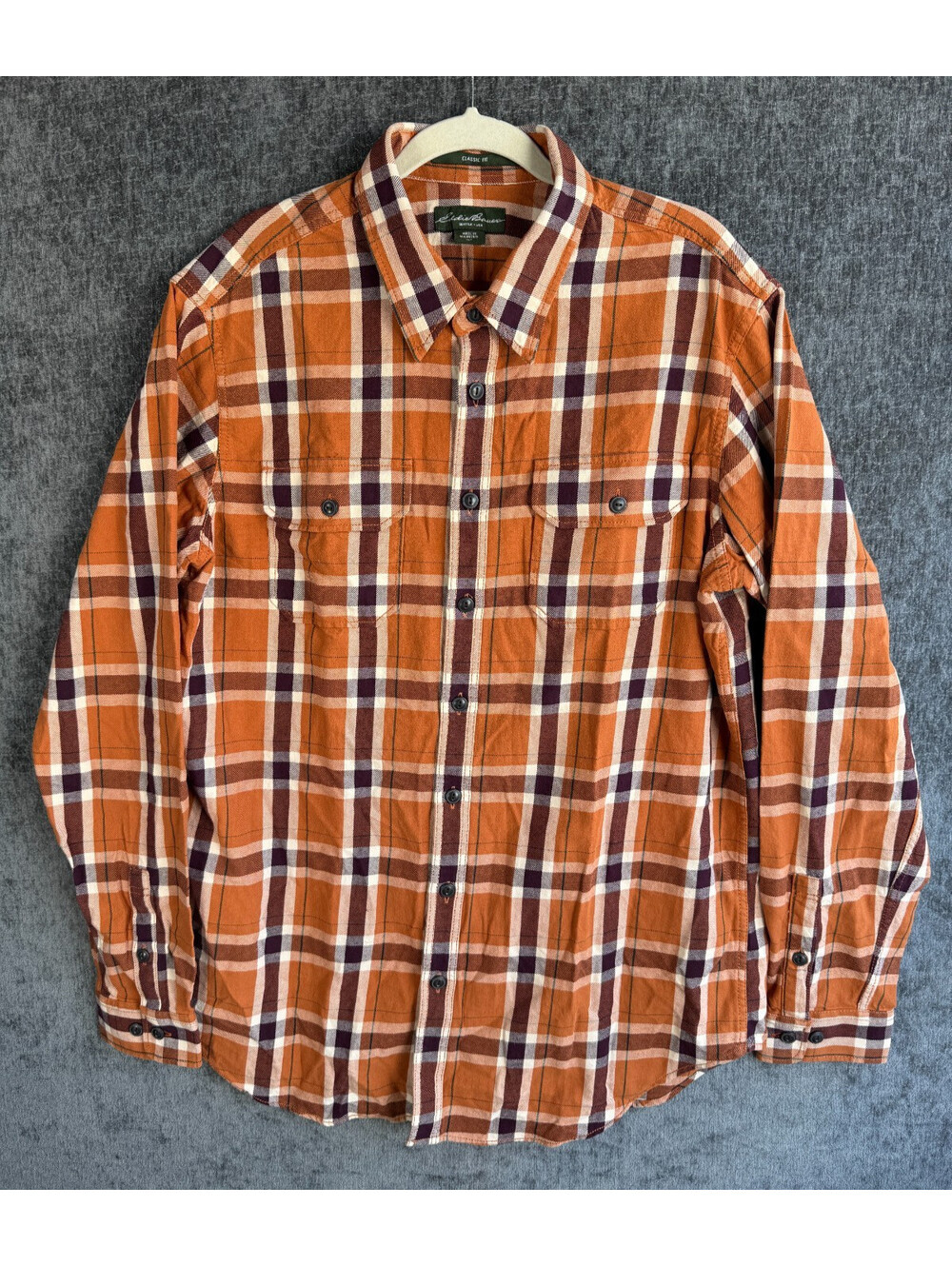 Eddie Bauer Plaid Flannel Shirt Mens XL Tall Orange Purple Classic Fit Button Up